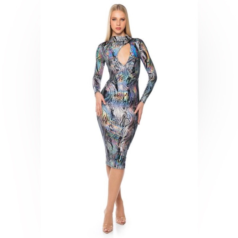 METALLIC MIDI DRESS IN BLACK SILVER